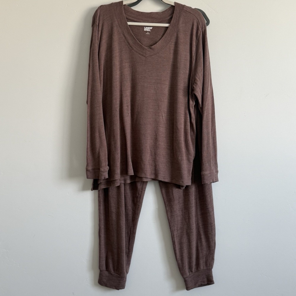 Lands' End Pajama Set Brown  Women Large 14-16 Lounge Comfort Stretch Knit